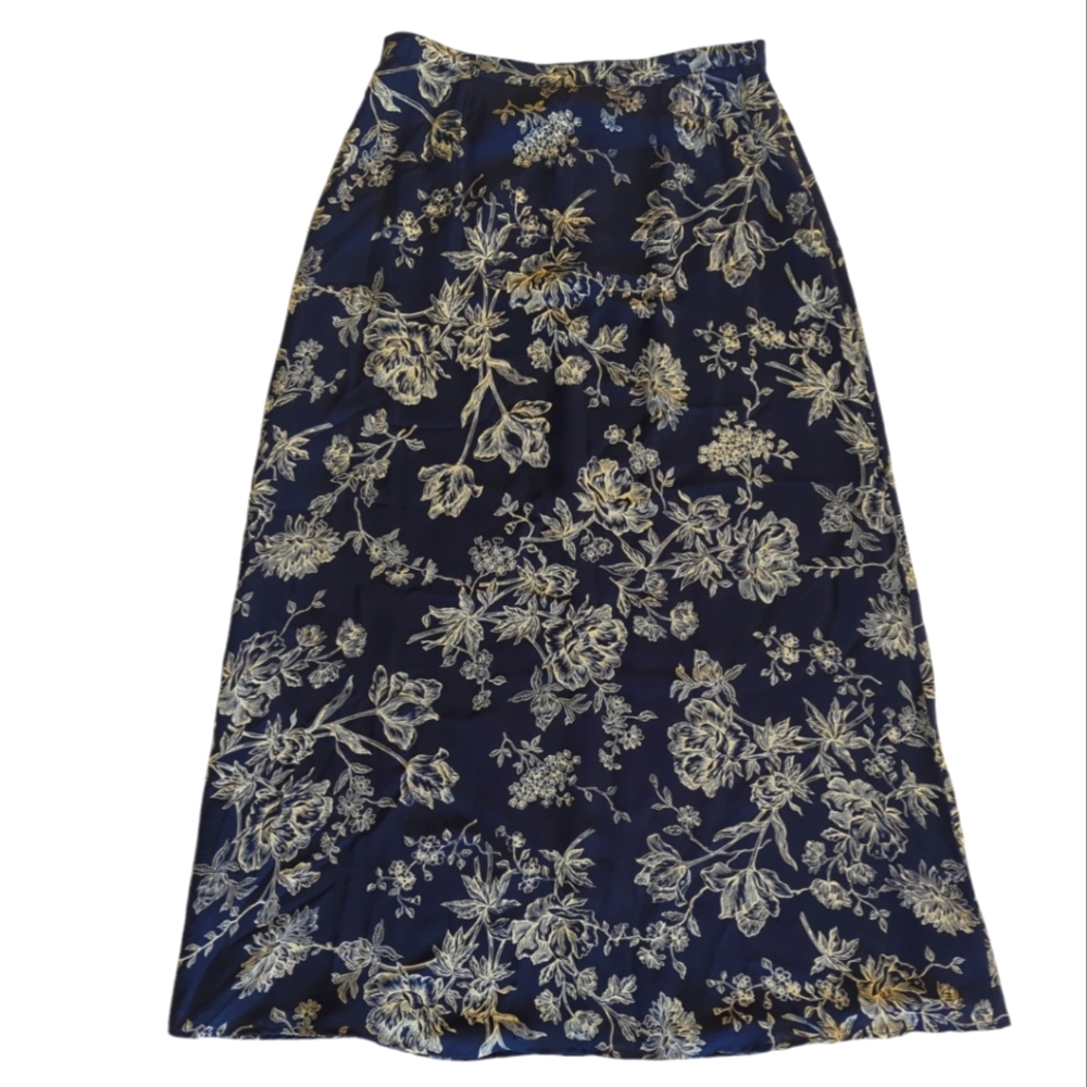 Talbots Pure Silk Floral A-Line Lined Maxi Skirt 8 Navy Blue Cream